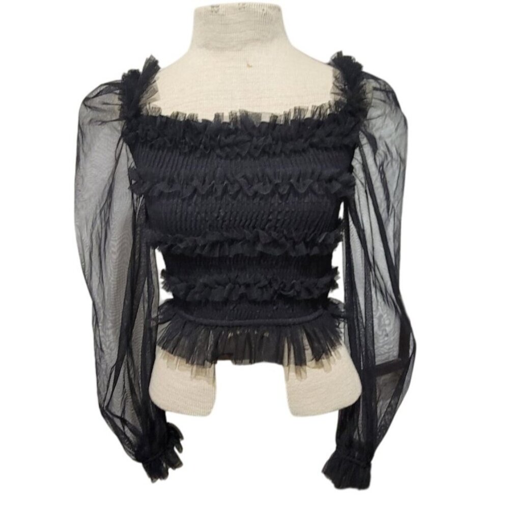 Sheer Mesh Puff balloon Sleeve Smocked Top Blouse- Small Gothic Edgy Emo Sexy